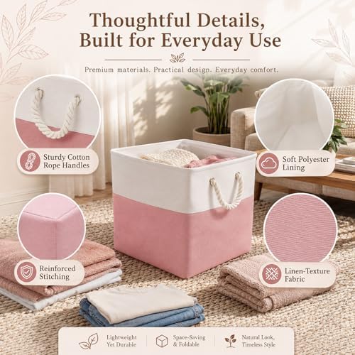 6 Pack 13x13 Inch Cube Storage Bins Fabric Square Cube Baskets, Light Pink - Image 3