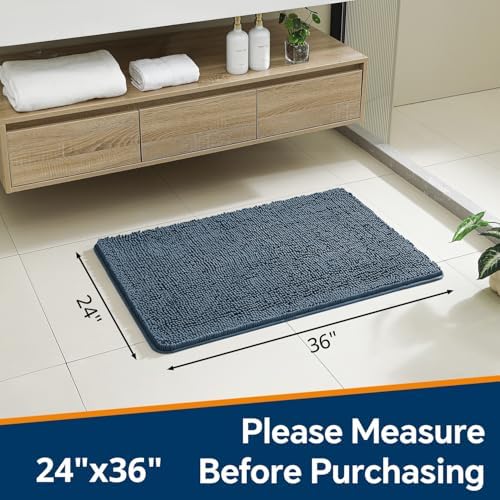 Chenille Bathroom Rug 24"x36" Blue, Non-Slip Plush Bath Mat - Image 2
