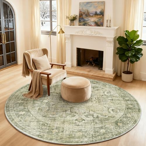 4ft Washable Round Rugs for Bedroom: Circle Living Room Rug Boho Vintage Non - Image 2