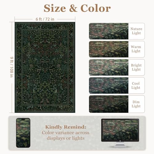Dark Green Woodland Area Rug 6x9, Tree of Life Floral Animal Print Washable Rug - Image 2
