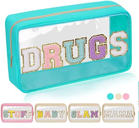 Iqimott Clear Patch Makeup Bag Drugs Pouch, Preppy Personalized Chenille Letter by Iqimott