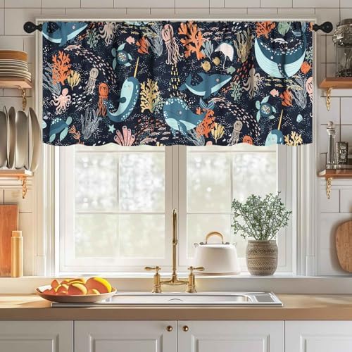 Cartoon Shark Window Valance, Ocean Cartoon Fish Under The Sea Animals Turtle - Image 3
