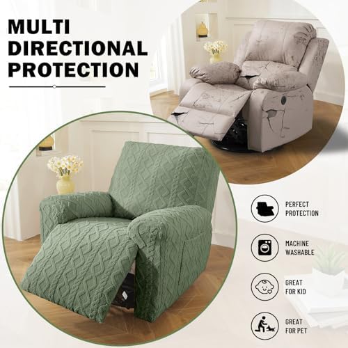 vctops Sage Green Recliner Chair Covers 4 Pieces, Geometric Jacquard Plush - Image 5