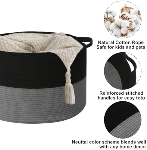 65L Large Blanket Basket, Woven Rope Laundry Basket-Black&Dark Grey - Image 3
