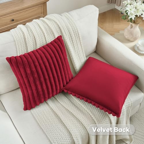 FUTEI Pack of 2 Faux Fur Throw Pillow Covers 20x20 Inch, Retro Red - Image 4