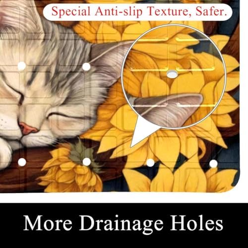 Shower Mat Non Slip 26.8 x 15.1 Inches, Sunflowers Sleeping Cat Bathtub Mat - Image 2