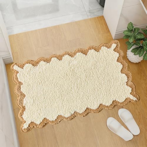 ORTIGIA Cute Beige Scalloped Bath Mat, Quick Dry Bath Rug Absorbent Soft Plush - Image 6