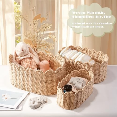 Scalloped Basket Set of 3, Wicker Storage Baskets - Image 2