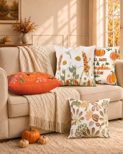 Embroidered Throw Pillow Cover, 18x18 Inch, Fall Abstract Floral - Image 6