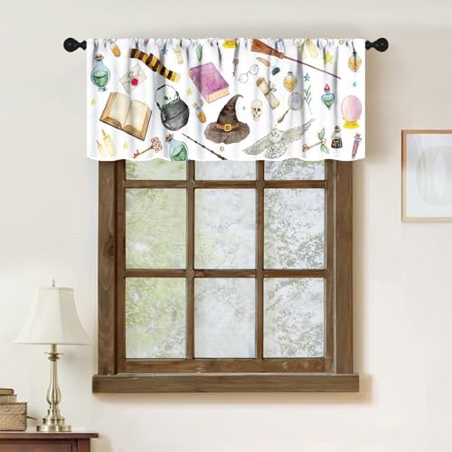 Witchy Magical Window Valance, Funny Magic Book Wizard Hat Broom Owl Mysterious - Image 2