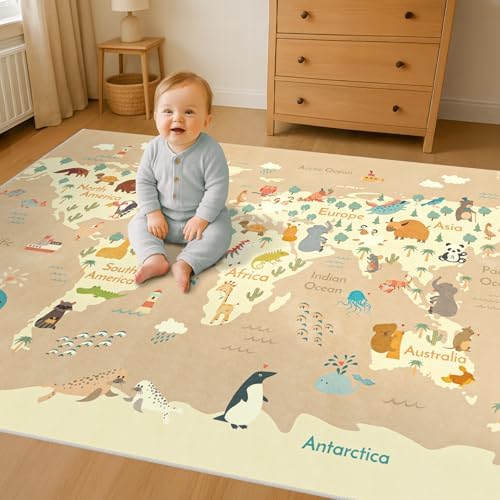Kids Bedroom Rug with World Map & Animals – 4x6 Educational Washable Area Rug - Image 6