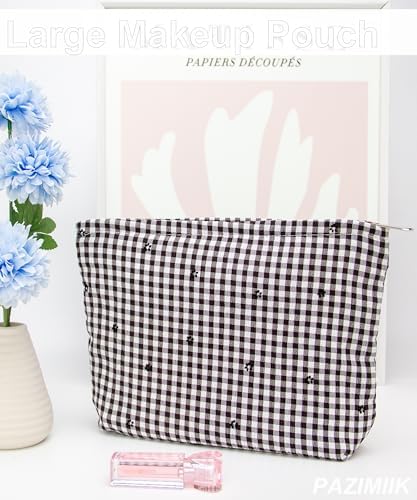 Flat Makeup Bag for Women, Zipper Cosmetic Pouch for Purse, Gingham Floral - Image 5