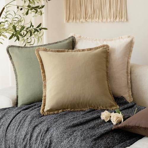 Foindtower Decorative Linen Fringe Throw Pillow Covers 16×16 Light Khaki - Image 5