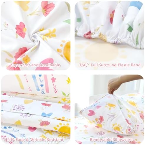 Pea Pod Toddler Bedding Set for Girls, 4 Piece Soft & Breathable Rainbow & Sun - Image 2