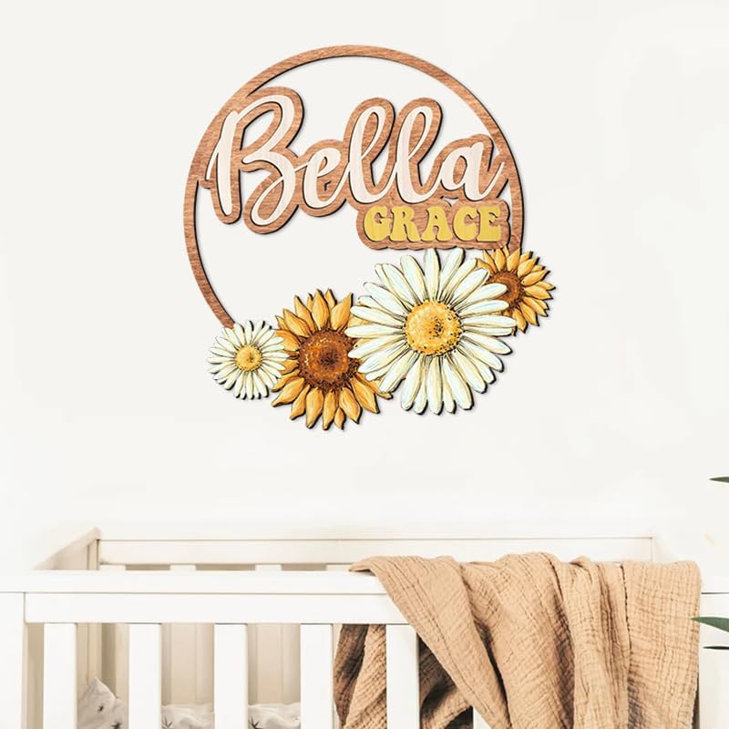 Custom wooden nursery name sign, Boho nursery wood 2 layer, Floral nursery name by IZI+POD