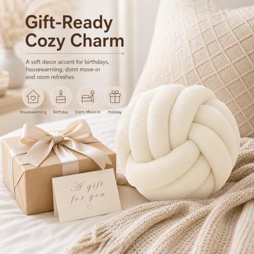 Petrella Ivory White Knot Pillow Ball, 8 Inch Round Decorative Throw Pillow - Image 6