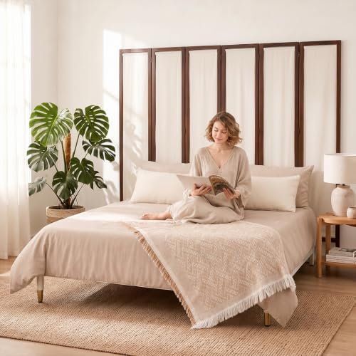 Wood Room Divider Panel with Linen Fabric, Boho Folding Privacy Screen 67" - Image 7
