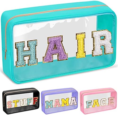 Chenille Letter Clear Makeup Bags Hair Pouch, Preppy Patch Makeup Bag by izuzta