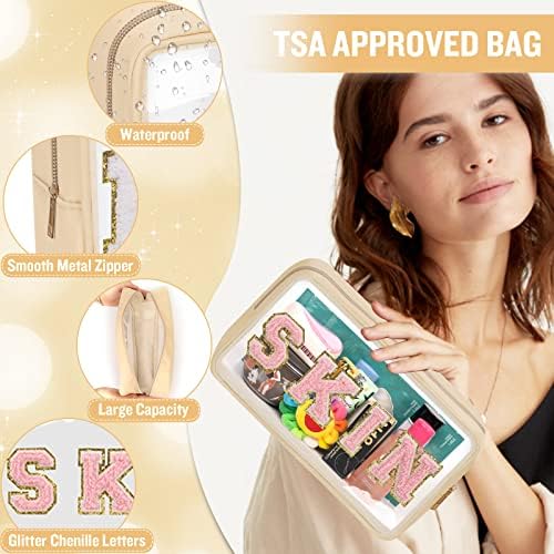 Chenille Letter Clear Makeup Bags Skin Pouch, Preppy Patch Makeup Bag - Image 3