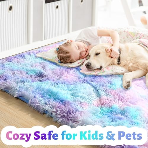 Amdrebio Purple Rainbow Mermaid Fluffy Runner Area Rug 2x6 - Image 2