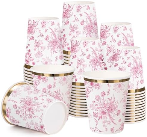 WRAPAHOLIC 50 Pcs Floral Paper Cups - 9 oz Pink Toile Flower Disposable Cup by WRAPAHOLIC