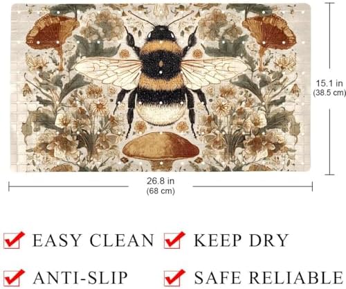 Bathtub Mat Non Slip 26.8x15.1 Inch, Bee Mushroom Retro Shower Mat - Image 4