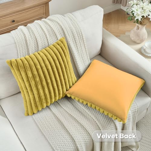 FUTEI Pack of 2 Faux Fur Throw Pillow Covers 24x24 Inch, Mustard Yellow - Image 4