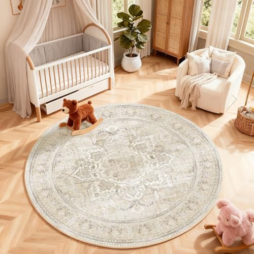 4ft Washable Round Rugs for Bedroom: Circle Living Room Rug Boho Vintage Non - Image 5