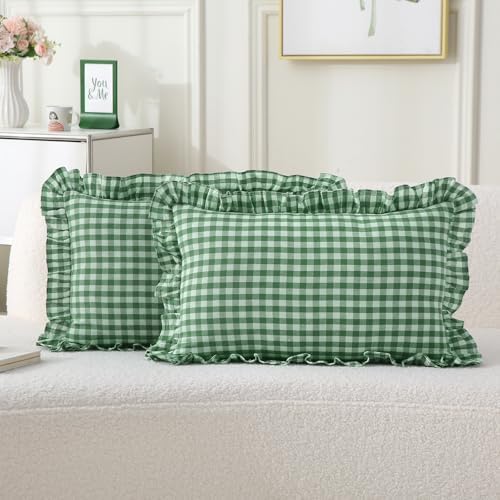 2 Pack Green Gingham Lumbar Throw Pillow Shams 12''x20'' by KMASANIJI