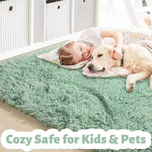 Amdrebio Sage Green Furry Area Rug 5x8 - Image 2