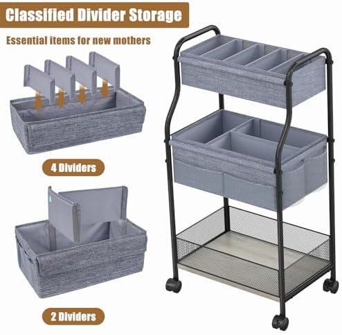 3-Tier Baby Diaper Caddy Organizer and Storage Cart, Mobile Metal Utility Cart - Image 3