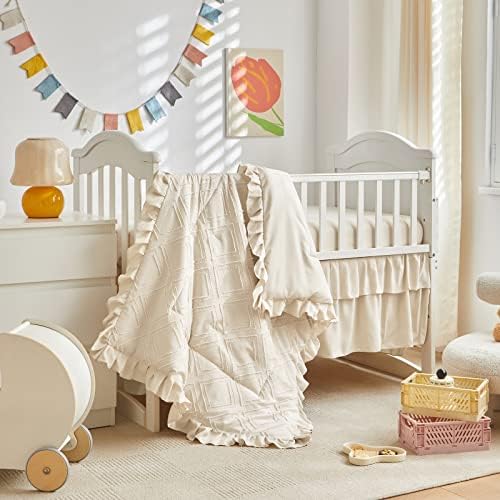 Tufted Ruffle Crib Bedding Set 3 Pieces Baby Boho Quilted Comforter - Image 3