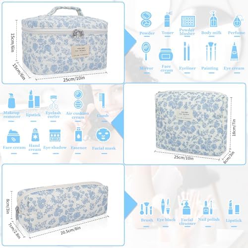 Gosect 3pc Makeup Bag Set, Quilted Makeup Bag Set, Large Floral Cosmetic Bag - Image 2