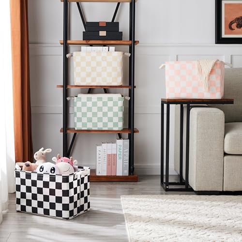 Ohocut Beige White Checkered Canvas Basket, Rectangular Organizing Decorative - Image 4