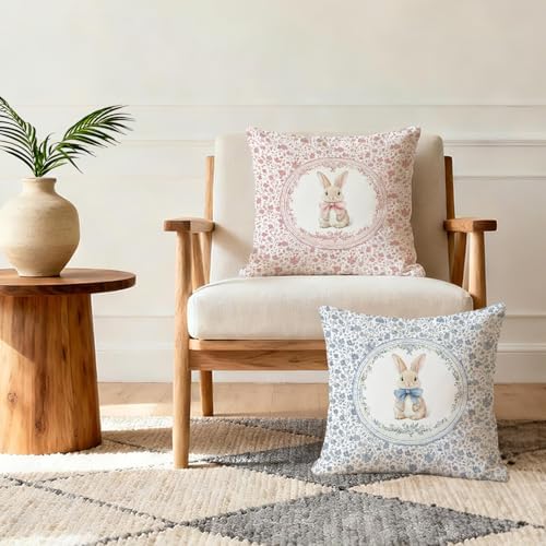 Pink and Blue Chinoiserie Easter Bunny Pillow Covers 18x18 Set of 2, Coquette - Image 3