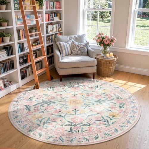 Lahome Pink 6ft Round Rug, Soft Circle Floral Rug - Image 2