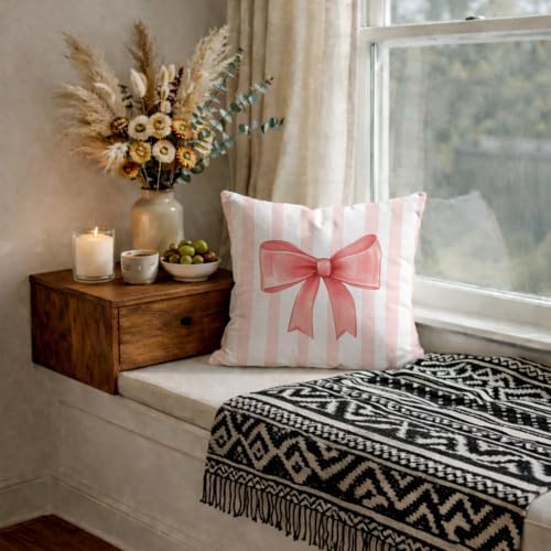 Coral Bow Decorative Throw Pillow 18x18 Inch – Cute Blush Pink Striped Pillow - Image 6