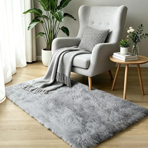 Tie-Dye Light Grey Shag Rug, Washable Non Slip Fluffy Kids Carpet - Image 6
