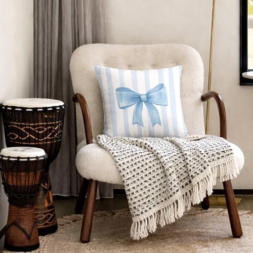 Coquette Blue Bow Pillow Covers 18x18, Coquette Room Decor, Preppy Blue Striped - Image 4