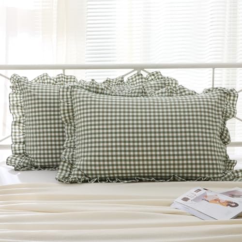 2 Pack Sage Green Gingham Ruffle Standard Pillow Shams 20"x26" by KMASANIJI