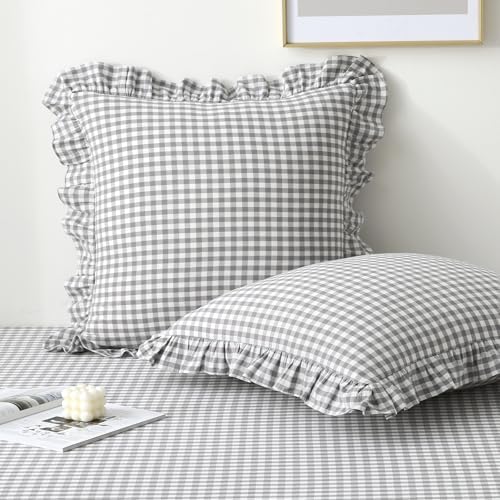 2 Pack Grey White Gingham Ruffle Throw Pillow Covers 22''x22'' by KMASANIJI