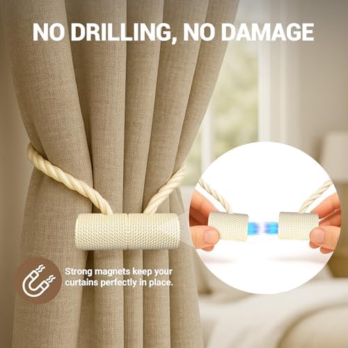 Hion Magnetic Curtain Tiebacks Beige 4pcs, Curtain Holdbacks Hooks Holders - Image 6