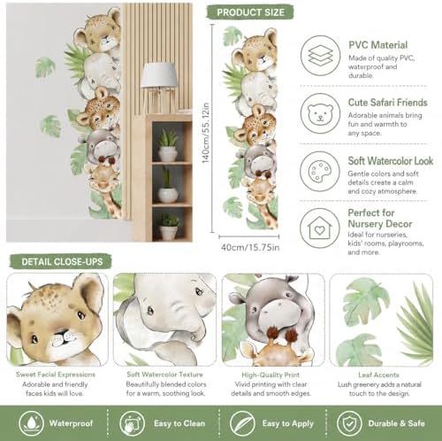 55.1 x 15.7 Inch Watercolor Jungle Animal Wall Decals Forest Animal Wall - Image 6