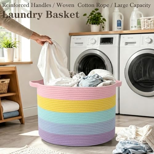 65L Large Blanket Basket, Woven Rope Laundry Basket-Colorful - Image 5