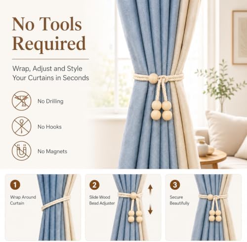 Wooden Bead Curtain Tiebacks 4 Pack Adjustable No-Drill Rope Ties - Image 4