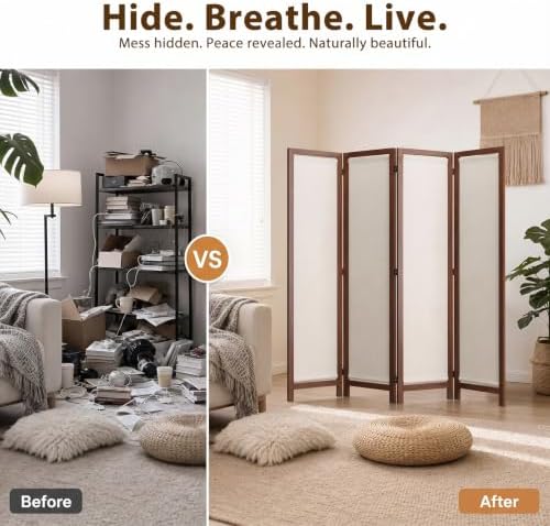 Wood Room Divider Panel with Linen Fabric, Boho Folding Privacy Screen 67" - Image 4