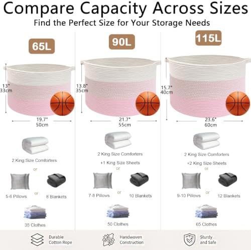 65L Large Blanket Basket, Woven Rope Laundry Basket-Mixed Pink - Image 2