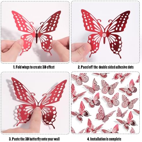 SAOROPEB 3D Butterfly Wall Decor 48 Pcs Blood Red Butterfly Decorations - Image 6
