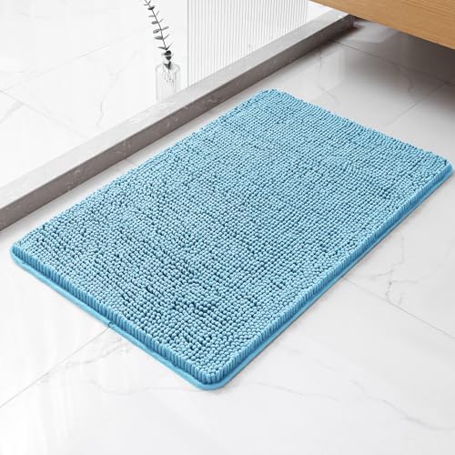 Chenille Bathroom Rug 20"x32" Sky Blue, Non-Slip Plush Bath Mat by Kildoss
