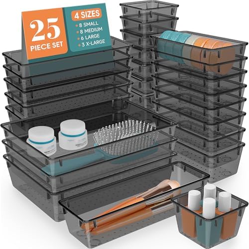 25 PCS Plastic Drawer Organizer Set, Makeup Organizers and Storage Bins by WOWBOX